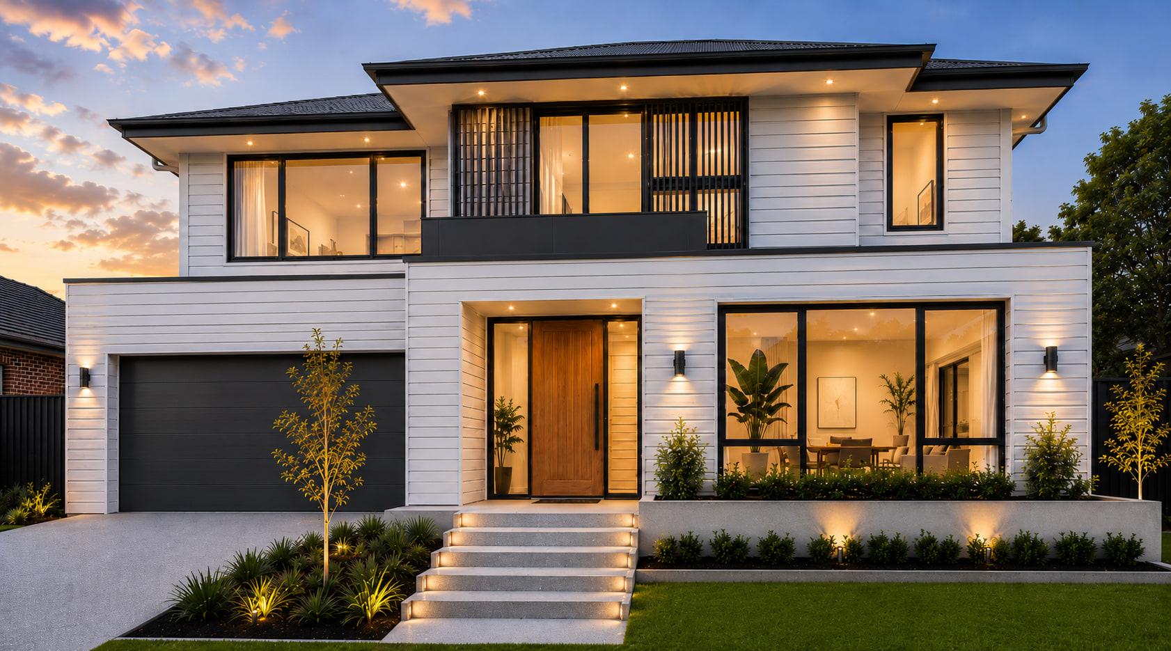 Two-storey custom home with white cladding and a timber front door, lit at dusk